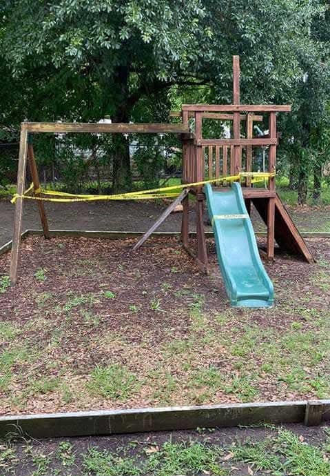 Before: old wooden swing set in the yard